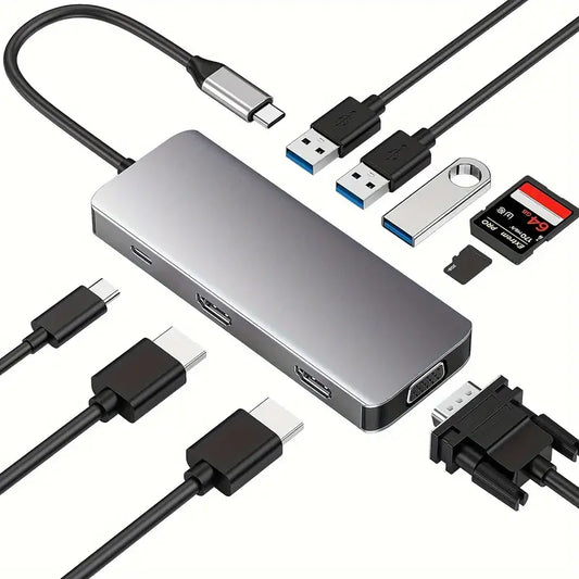USB C HUB, Docking Station, 2 HD Interface, USB C Adapter Triple Monitor With Dual HD Interface 4K, VGA, 3 USB-A 5Gbpas, 100W PD And TF/SD Card