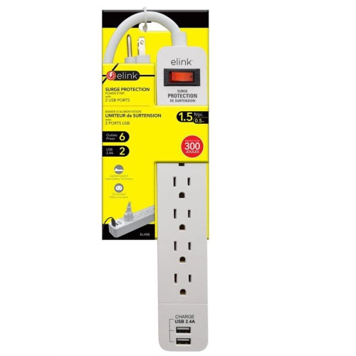 Elink EL458 - 6-Outlet Surge Protector with 2 USB 2.4A Ports, 300 Joules, White
