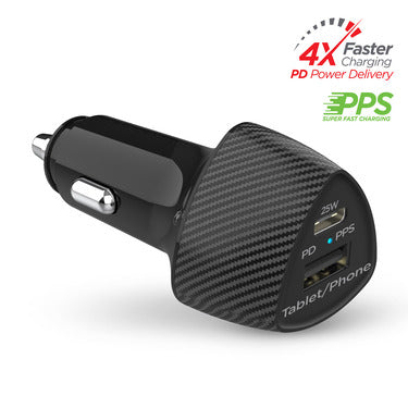 HyperGear Car Charger 2 Port 25W USB-A (12W) USB-C (25W) PD PPS SpeedBoost – Black