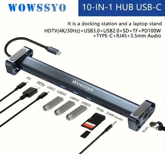Wowssyo USB C Docking Station, 10 In 1 Triple Display USB C Hub With 4KHDTV+PD 100W+RJ45 Ethernet +SD/TF +Audio+ USB 3.0, For MacBook & Windows