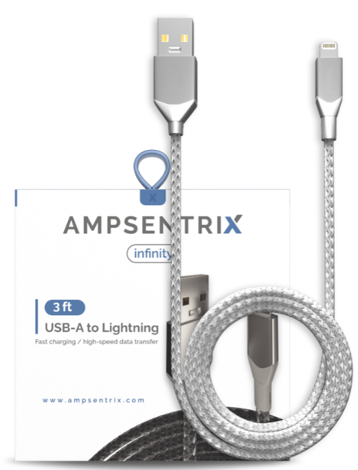 3 FT Non-MFI LIGHTNING TO USB TYPE A CABLE (AMPSENTRIX) (INFINITY) (Silver)