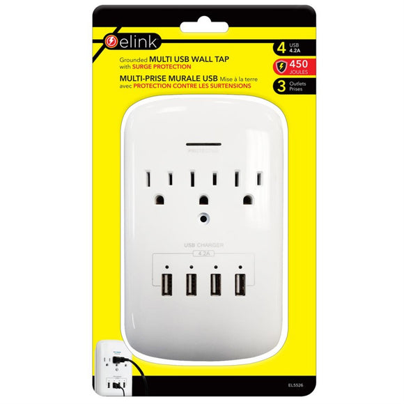eLink 4 USB ports, 4.2A, 3 outlets Wall Surge Protector 450J